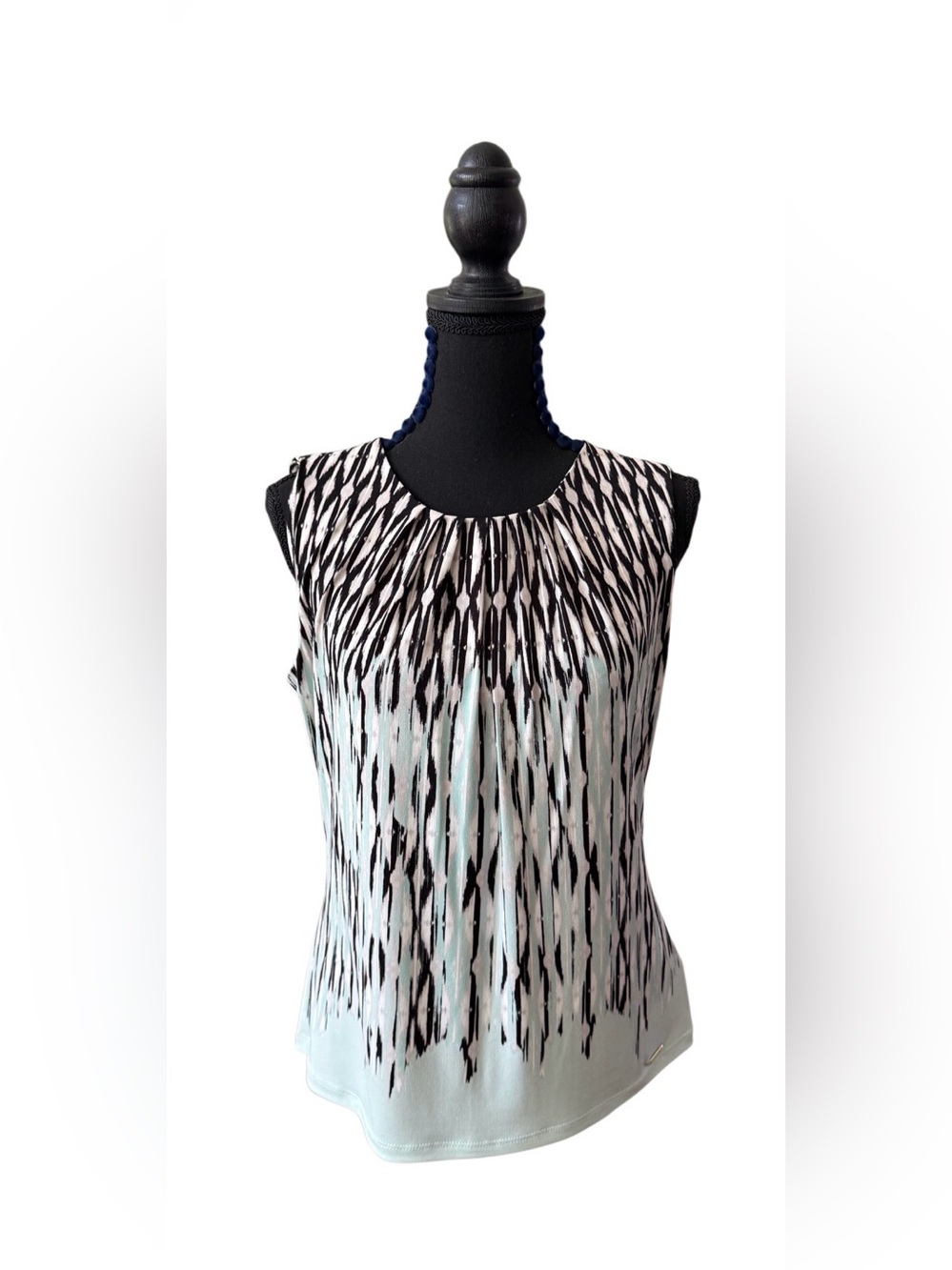 Calvin Klein Black & Mint Patterned Pleated Business Casual Blouse